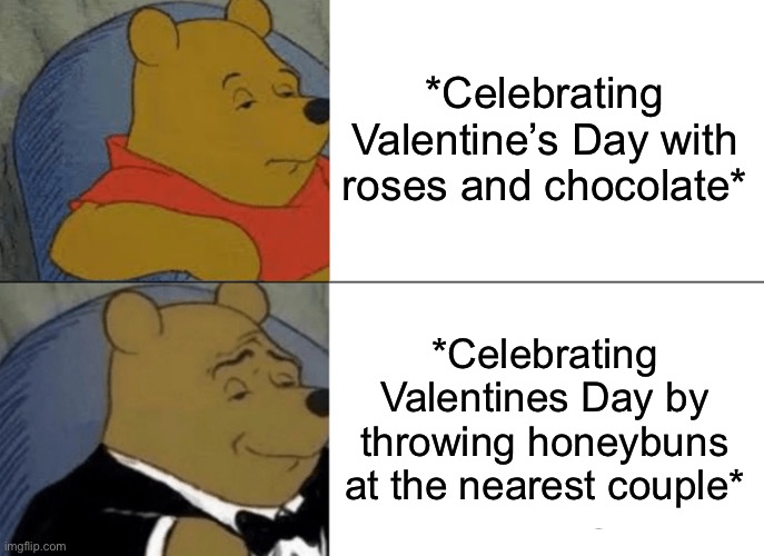 Who needs a valentines anyway | *Celebrating Valentine’s Day with roses and chocolate*; *Celebrating Valentines Day by throwing honeybuns at the nearest couple* | image tagged in memes,tuxedo winnie the pooh | made w/ Imgflip meme maker