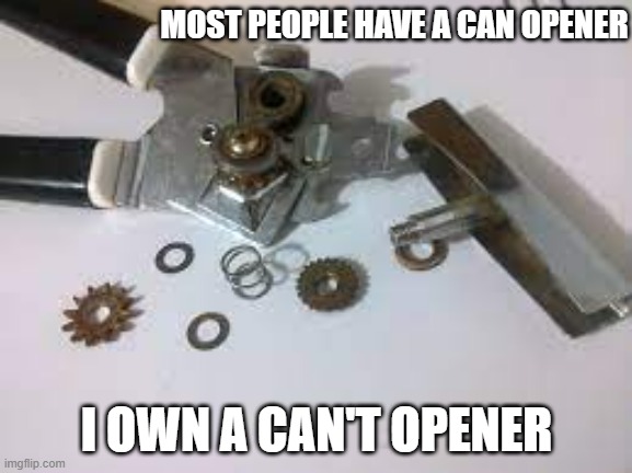 meme by Brad people have can openers I have a can't opener | MOST PEOPLE HAVE A CAN OPENER; I OWN A CAN'T OPENER | image tagged in fun,funny meme,humor,funny,cooking | made w/ Imgflip meme maker