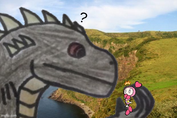 Godzilla (PaleoGoji) meets Pink Bomber.mp3 | ? | image tagged in cliff | made w/ Imgflip meme maker