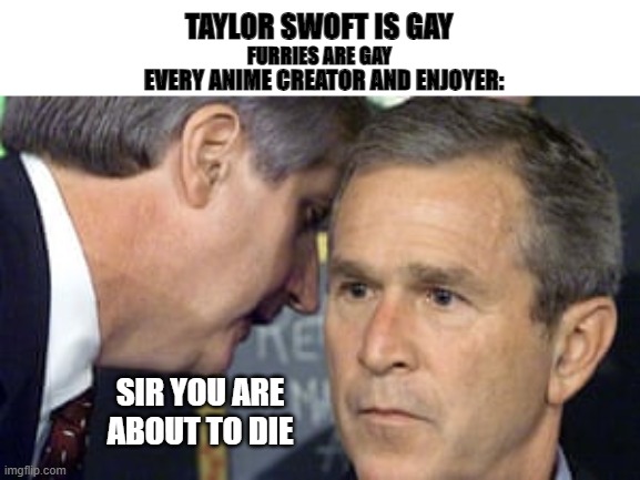 George Bush 9/11 | TAYLOR SWOFT IS GAY; FURRIES ARE GAY; EVERY ANIME CREATOR AND ENJOYER:; SIR YOU ARE ABOUT TO DIE | image tagged in george bush 9/11 | made w/ Imgflip meme maker