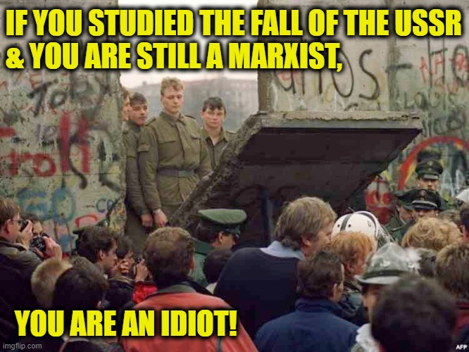 The reason socialists hate history? | IF YOU STUDIED THE FALL OF THE USSR
& YOU ARE STILL A MARXIST, YOU ARE AN IDIOT! | image tagged in socialism,marxism | made w/ Imgflip meme maker