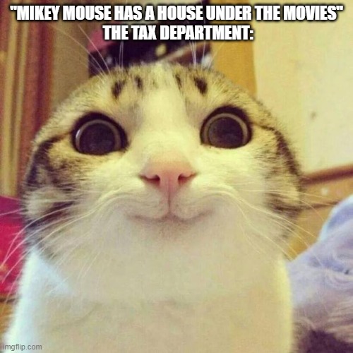 Smiling Cat | "MIKEY MOUSE HAS A HOUSE UNDER THE MOVIES"
 THE TAX DEPARTMENT: | image tagged in memes,smiling cat | made w/ Imgflip meme maker