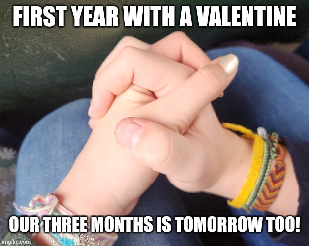 FIRST YEAR WITH A VALENTINE; OUR THREE MONTHS IS TOMORROW TOO! | made w/ Imgflip meme maker