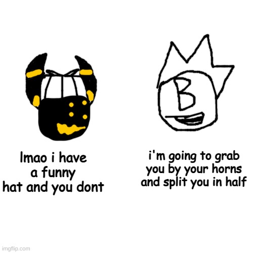 (blfiya belongs to elfiya) | i'm going to grab you by your horns and split you in half; lmao i have a funny hat and you dont | made w/ Imgflip meme maker