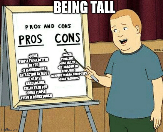 Pros and cons | BEING TALL; -SOME PEOPLE THINK BETTER OF YOU
-IT IS CONSIDERED ATTRACTIVE BY MOST
- NO 5TH GRADERS ARE TALLER THAN YOU
-SOME PEOPLE THINK IT LOOKS TOUGH; -HEALTH PROBLEMS
-LESS AGILITY
-NO LEG ROOM ON AIRPLANES
-BUMPING HEAD ON DOORPOSTS
-BACK PROBLEMS | image tagged in pros and cons,pros and cons of being tall | made w/ Imgflip meme maker