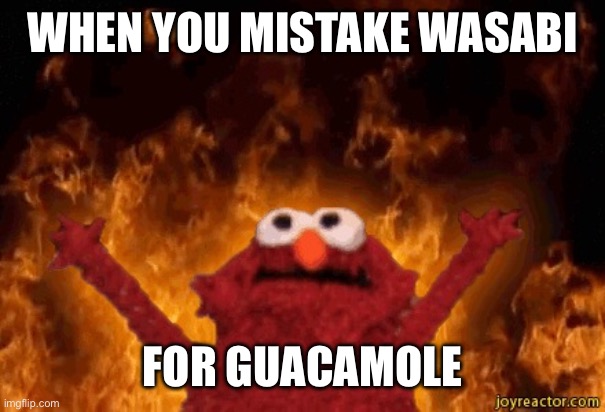 Elmo In Hell | WHEN YOU MISTAKE WASABI; FOR GUACAMOLE | image tagged in elmo in hell | made w/ Imgflip meme maker