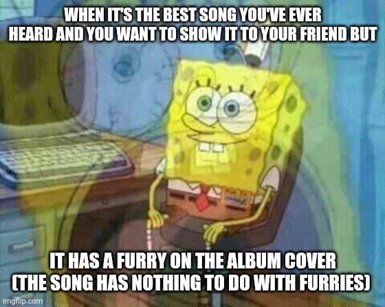 If only they'd just listen instead of Judging from the photo. | WHEN IT'S THE BEST SONG YOU'VE EVER HEARD AND YOU WANT TO SHOW IT TO YOUR FRIEND BUT; IT HAS A FURRY ON THE ALBUM COVER (THE SONG HAS NOTHING TO DO WITH FURRIES) | image tagged in spongebob panic inside | made w/ Imgflip meme maker