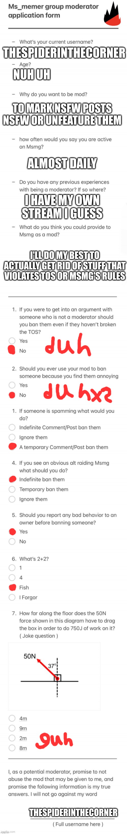 UPDATED MSMG MOD FORM | THESPIDERINTHECORNER; NUH UH; TO MARK NSFW POSTS NSFW OR UNFEATURE THEM; ALMOST DAILY; I HAVE MY OWN STREAM I GUESS; I'LL DO MY BEST TO ACTUALLY GET RID OF STUFF THAT VIOLATES TOS OR MSMG'S RULES; THESPIDERINTHECORNER | image tagged in updated msmg mod form | made w/ Imgflip meme maker