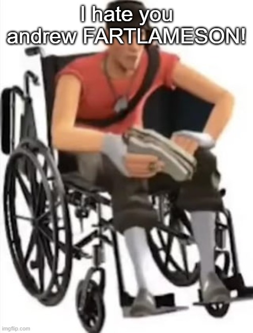 Scout but in a wheelchair | I hate you andrew FARTLAMESON! | image tagged in scout but in a wheelchair | made w/ Imgflip meme maker