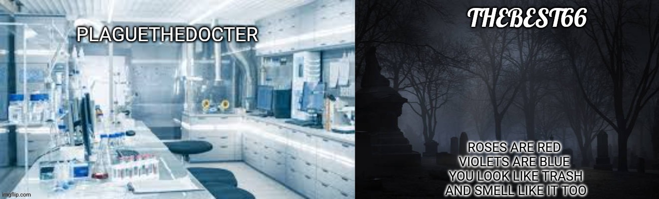 Plaguethedocter and Thebest66 | ROSES ARE RED
VIOLETS ARE BLUE
 YOU LOOK LIKE TRASH
 AND SMELL LIKE IT TOO | image tagged in plaguethedocter and thebest66 | made w/ Imgflip meme maker