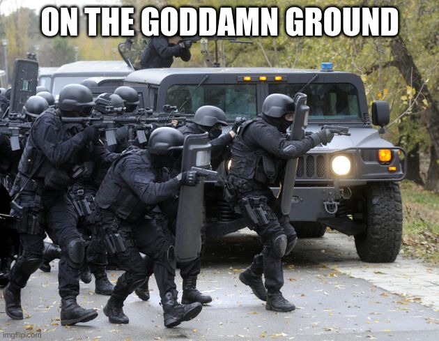 swat team | ON THE GODDAMN GROUND | image tagged in swat team | made w/ Imgflip meme maker