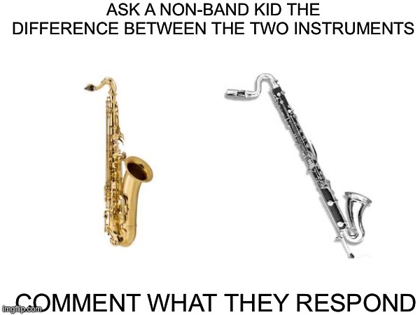 Dax vs. bass clarinet ((interesting :3 )) | ASK A NON-BAND KID THE DIFFERENCE BETWEEN THE TWO INSTRUMENTS; COMMENT WHAT THEY RESPOND | image tagged in band | made w/ Imgflip meme maker