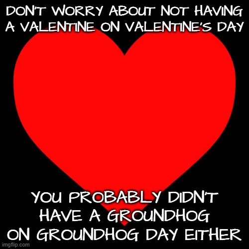 Valentine's Day | DON'T WORRY ABOUT NOT HAVING A VALENTINE ON VALENTINE'S DAY; YOU PROBABLY DIDN'T HAVE A GROUNDHOG ON GROUNDHOG DAY EITHER | image tagged in heart,valentine's day,happy valentine's day | made w/ Imgflip meme maker