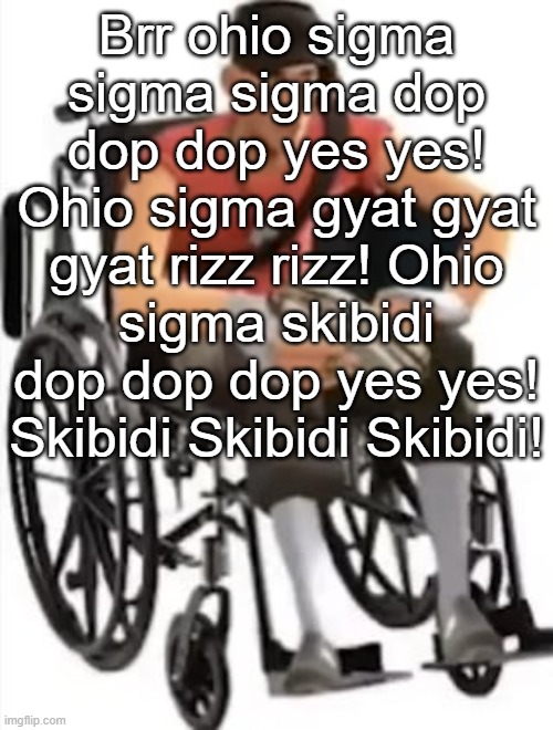 Scout but in a wheelchair | Brr ohio sigma sigma sigma dop dop dop yes yes! Ohio sigma gyat gyat gyat rizz rizz! Ohio sigma skibidi dop dop dop yes yes! Skibidi Skibidi Skibidi! | image tagged in scout but in a wheelchair | made w/ Imgflip meme maker