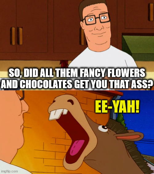 Ponderings of an ass. | SO, DID ALL THEM FANCY FLOWERS AND CHOCOLATES GET YOU THAT ASS? EE-YAH! | image tagged in king of the hill,hank hill,valentine's day,couples,interracial couple | made w/ Imgflip meme maker