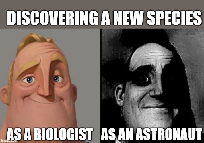 Traumatized Mr. Incredible | DISCOVERING A NEW SPECIES; AS A BIOLOGIST; AS AN ASTRONAUT | image tagged in traumatized mr incredible | made w/ Imgflip meme maker
