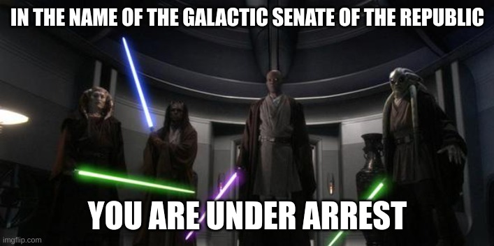 You Are Under Arrest | IN THE NAME OF THE GALACTIC SENATE OF THE REPUBLIC YOU ARE UNDER ARREST | image tagged in you are under arrest | made w/ Imgflip meme maker