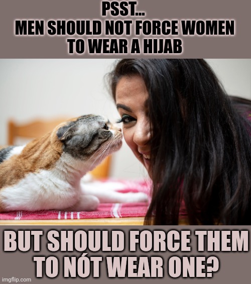 This #lolcat wonders why hoo-mans don't let women decide for themselves | PSST... 
MEN SHOULD NOT FORCE WOMEN
TO WEAR A HIJAB; BUT SHOULD FORCE THEM
TO NÓT WEAR ONE? | image tagged in women rights,women's rights,lolcat,headscarf,muslim,religion | made w/ Imgflip meme maker