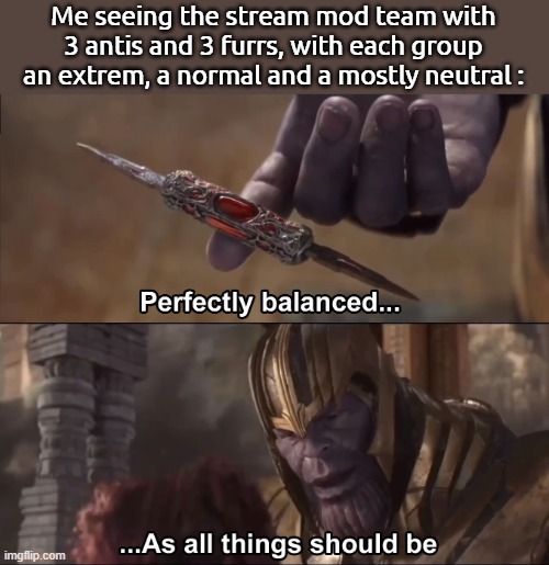 I won't say which is which. I don't want my house nuked and my ball turned couter-clockwise. | Me seeing the stream mod team with 3 antis and 3 furrs, with each group an extrem, a normal and a mostly neutral : | image tagged in thanos perfectly balanced as all things should be,meanwhile on imgflip | made w/ Imgflip meme maker