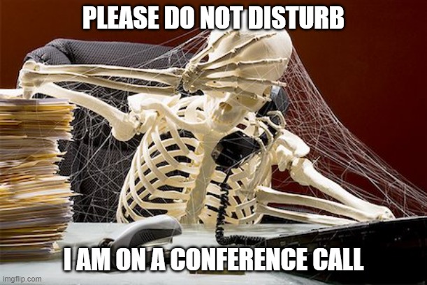 Conference Call | PLEASE DO NOT DISTURB; I AM ON A CONFERENCE CALL | image tagged in skeleton on the phone | made w/ Imgflip meme maker