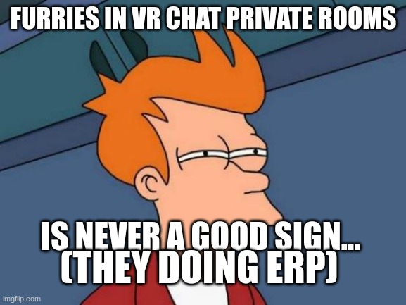 Furries in vrchat | FURRIES IN VR CHAT PRIVATE ROOMS; IS NEVER A GOOD SIGN... (THEY DOING ERP) | image tagged in memes,futurama fry | made w/ Imgflip meme maker