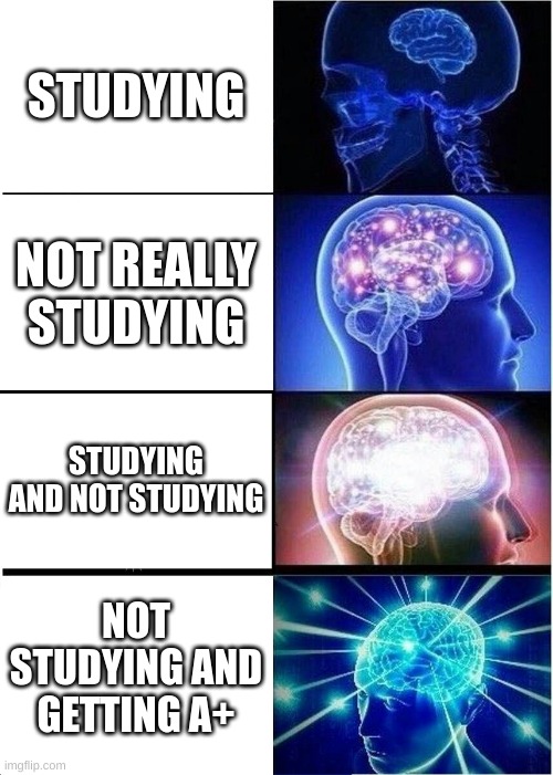 Expanding Brain Meme | STUDYING; NOT REALLY STUDYING; STUDYING AND NOT STUDYING; NOT STUDYING AND GETTING A+ | image tagged in memes,expanding brain | made w/ Imgflip meme maker