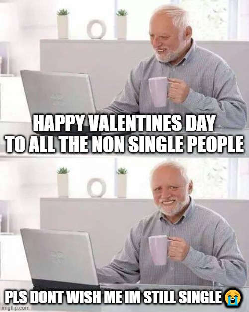 ??? | HAPPY VALENTINES DAY TO ALL THE NON SINGLE PEOPLE; PLS DONT WISH ME IM STILL SINGLE😭 | image tagged in memes,hide the pain harold | made w/ Imgflip meme maker