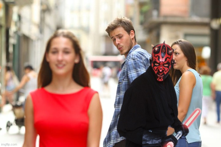 When Your Custom Character Appears in a Cutscene | image tagged in memes,distracted boyfriend,star wars,darth maul | made w/ Imgflip meme maker