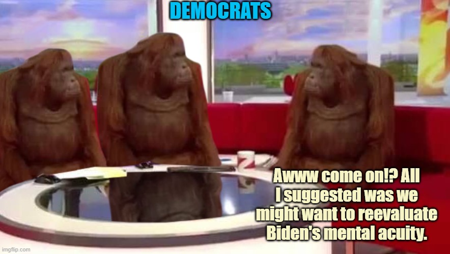 Democrats face the Issue | DEMOCRATS; Awww come on!? All I suggested was we might want to reevaluate Biden's mental acuity. | image tagged in democrats,joe biden,dementia | made w/ Imgflip meme maker