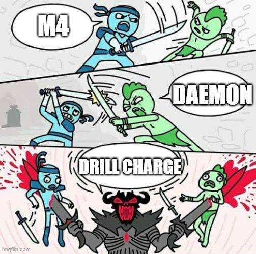 * starts blasting "Run, Pt. 2" * | M4; DAEMON; DRILL CHARGE | image tagged in sword fight | made w/ Imgflip meme maker