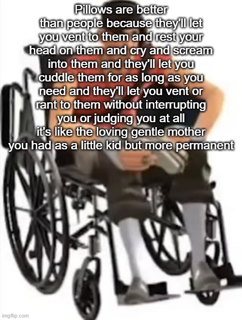 Scout but in a wheelchair | Pillows are better than people because they'll let you vent to them and rest your head on them and cry and scream into them and they'll let you cuddle them for as long as you need and they'll let you vent or rant to them without interrupting you or judging you at all it's like the loving gentle mother you had as a little kid but more permanent | image tagged in scout but in a wheelchair | made w/ Imgflip meme maker