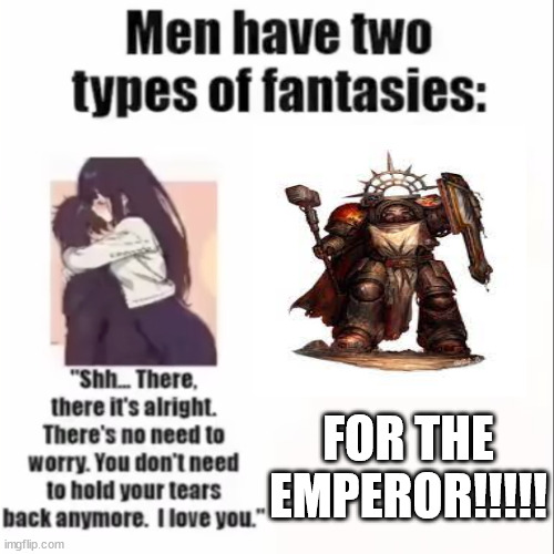 Men only have two types of fantasies | FOR THE EMPEROR!!!!! | image tagged in men only have two types of fantasies | made w/ Imgflip meme maker