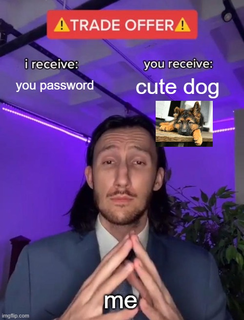 seem fair | you password; cute dog; me | image tagged in trade offer | made w/ Imgflip meme maker
