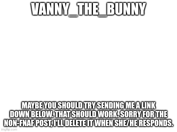 VANNY_THE_BUNNY; MAYBE YOU SHOULD TRY SENDING ME A LINK DOWN BELOW. THAT SHOULD WORK. SORRY FOR THE NON-FNAF POST, I'LL DELETE IT WHEN SHE/HE RESPONDS. | made w/ Imgflip meme maker