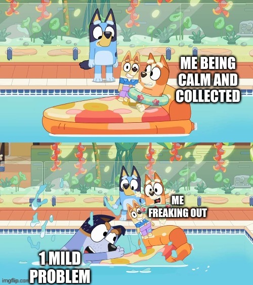 Bluey pool scare | ME BEING CALM AND COLLECTED; ME FREAKING OUT; 1 MILD PROBLEM | image tagged in bluey pool scare,memes,bluey,relatable,funny,scared | made w/ Imgflip meme maker