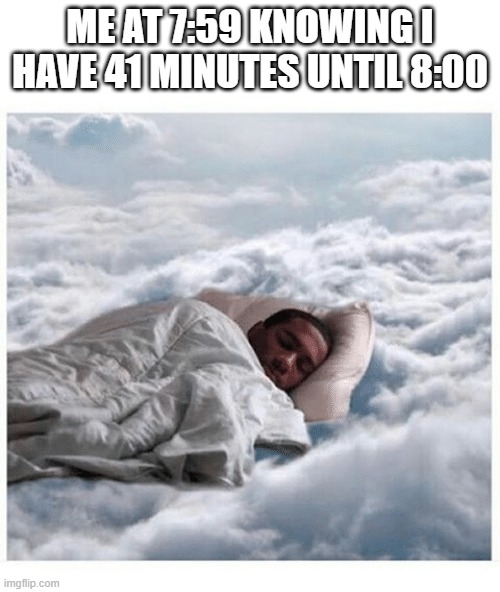 [No Image Title] | ME AT 7:59 KNOWING I HAVE 41 MINUTES UNTIL 8:00 | image tagged in how i sleep knowing,no tags | made w/ Imgflip meme maker