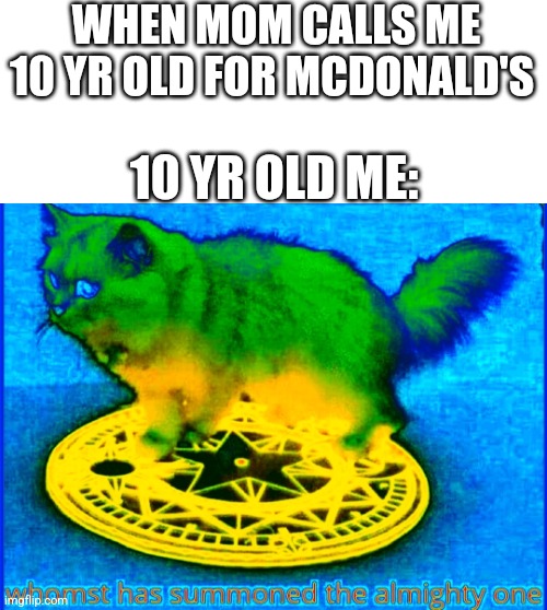 I shall chow down on my happy meal | WHEN MOM CALLS ME 10 YR OLD FOR MCDONALD'S; 10 YR OLD ME: | image tagged in whom has summoned the almighty cat | made w/ Imgflip meme maker