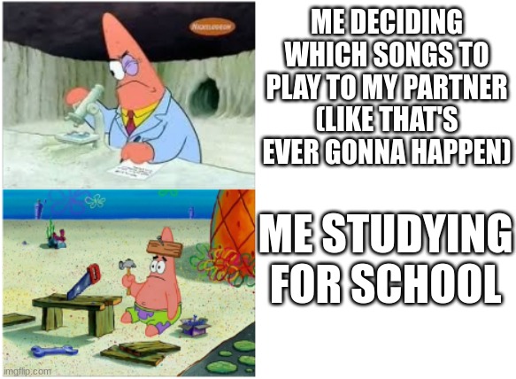 Patrick Smart Dumb | ME DECIDING WHICH SONGS TO PLAY TO MY PARTNER (LIKE THAT'S EVER GONNA HAPPEN); ME STUDYING FOR SCHOOL | image tagged in patrick smart dumb | made w/ Imgflip meme maker