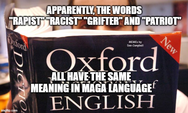 dictionary | APPARENTLY, THE WORDS 
"RAPIST" "RACIST" "GRIFTER" AND "PATRIOT"; MEMEs by Dan Campbell; ALL HAVE THE SAME MEANING IN MAGA LANGUAGE | image tagged in dictionary | made w/ Imgflip meme maker
