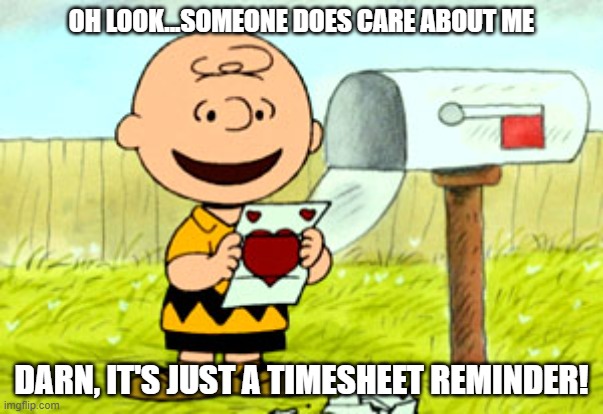 payroll does care | OH LOOK...SOMEONE DOES CARE ABOUT ME; DARN, IT'S JUST A TIMESHEET REMINDER! | image tagged in charlie brown valentine,timesheet reminder,payroll | made w/ Imgflip meme maker