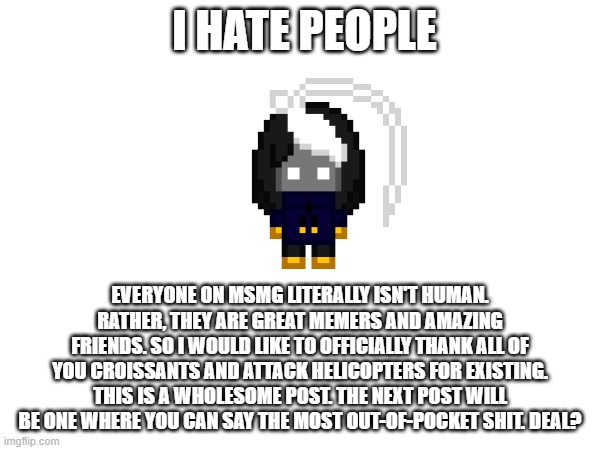 :D | I HATE PEOPLE; EVERYONE ON MSMG LITERALLY ISN'T HUMAN. RATHER, THEY ARE GREAT MEMERS AND AMAZING FRIENDS. SO I WOULD LIKE TO OFFICIALLY THANK ALL OF YOU CROISSANTS AND ATTACK HELICOPTERS FOR EXISTING. THIS IS A WHOLESOME POST. THE NEXT POST WILL BE ONE WHERE YOU CAN SAY THE MOST OUT-OF-POCKET SHIT. DEAL? | image tagged in e | made w/ Imgflip meme maker