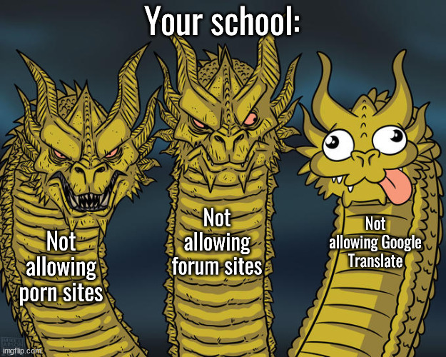 Three-headed Dragon | Your school: Not allowing porn sites Not allowing forum sites Not allowing Google Translate | image tagged in three-headed dragon | made w/ Imgflip meme maker