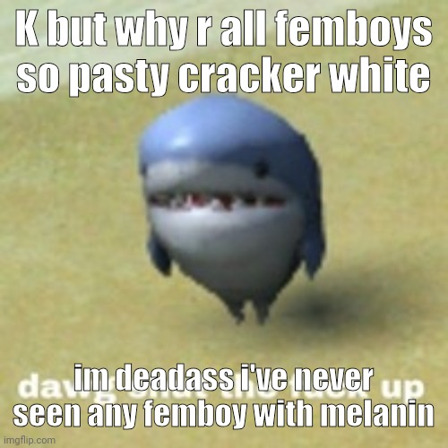 the melanin leaving my body as | K but why r all femboys so pasty cracker white; im deadass i've never seen any femboy with melanin | image tagged in dawg stfu | made w/ Imgflip meme maker