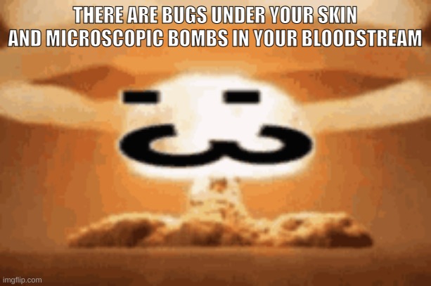 :3 | THERE ARE BUGS UNDER YOUR SKIN AND MICROSCOPIC BOMBS IN YOUR BLOODSTREAM | image tagged in 3 | made w/ Imgflip meme maker