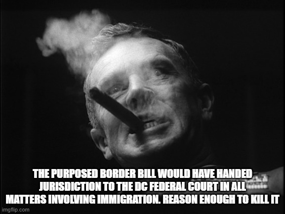 General Ripper (Dr. Strangelove) | THE PURPOSED BORDER BILL WOULD HAVE HANDED JURISDICTION TO THE DC FEDERAL COURT IN ALL MATTERS INVOLVING IMMIGRATION. REASON ENOUGH TO KILL  | image tagged in general ripper dr strangelove | made w/ Imgflip meme maker