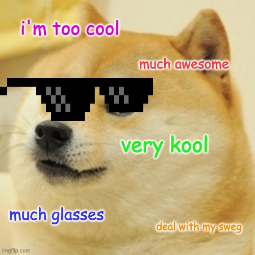 much cool doge | i'm too cool; much awesome; very kool; much glasses; deal with my sweg | image tagged in memes,doge | made w/ Imgflip meme maker