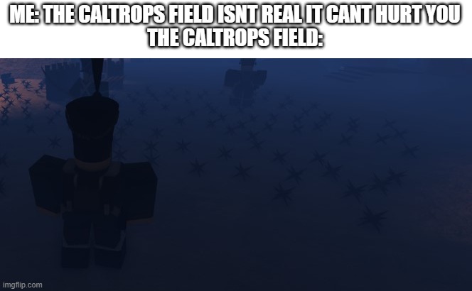 the caltrops fields | ME: THE CALTROPS FIELD ISNT REAL IT CANT HURT YOU
THE CALTROPS FIELD: | image tagged in roblox,caltrops fields,memes,remade,guns and blackpowder,guns and blackpowder memes | made w/ Imgflip meme maker