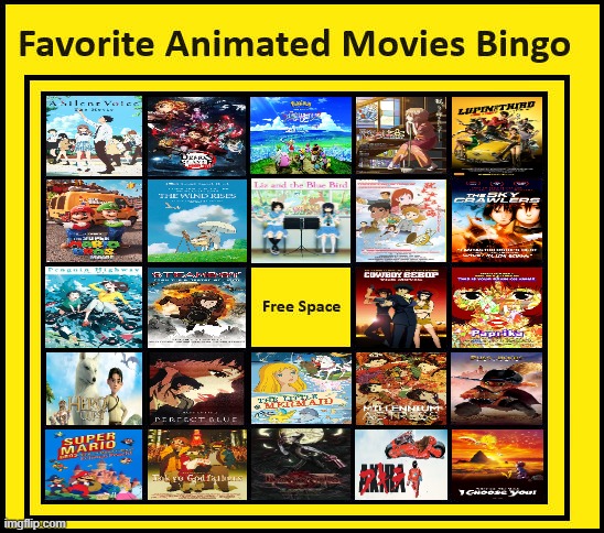 favorite animated movies bingo | image tagged in favorite animated movies bingo,movies,anime,animation,mario,puss in boots | made w/ Imgflip meme maker