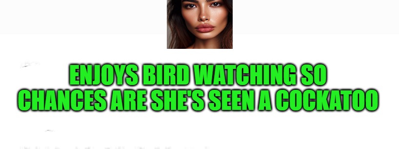 enjoys bird watching | ENJOYS BIRD WATCHING SO CHANCES ARE SHE'S SEEN A COCKATOO | made w/ Imgflip meme maker