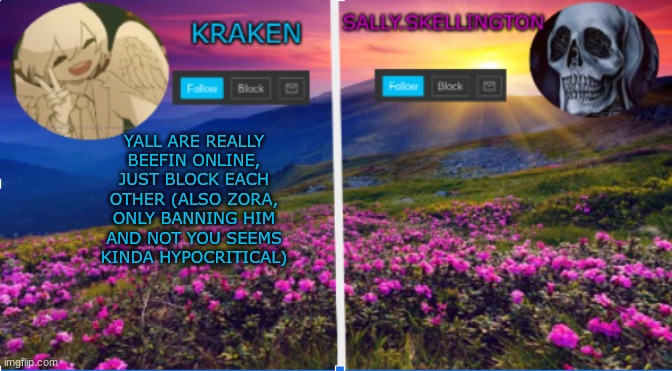 sally.skellington and kraken announcment template | YALL ARE REALLY BEEFIN ONLINE, JUST BLOCK EACH OTHER (ALSO ZORA, ONLY BANNING HIM AND NOT YOU SEEMS KINDA HYPOCRITICAL) | image tagged in sally skellington and kraken announcment template | made w/ Imgflip meme maker